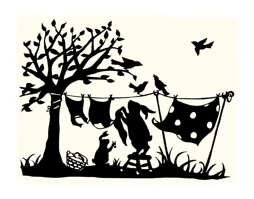 Rabbits hanging laundry.