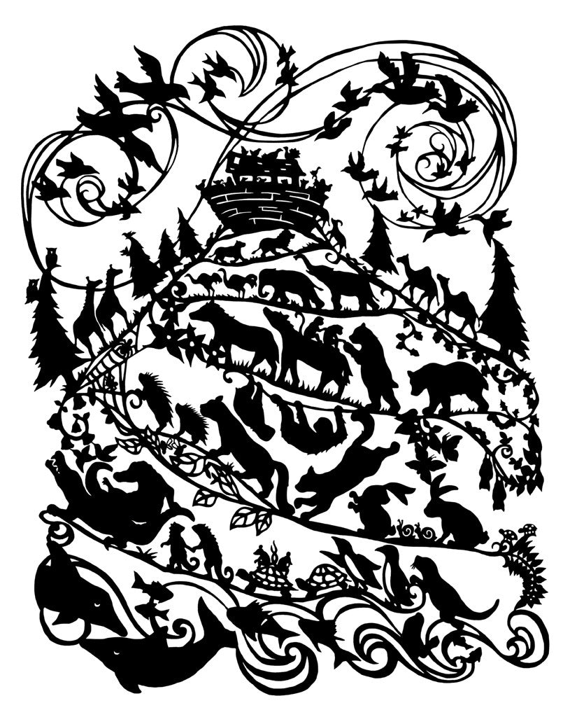 Animals lining up two-by-two to enter Noah's ark.