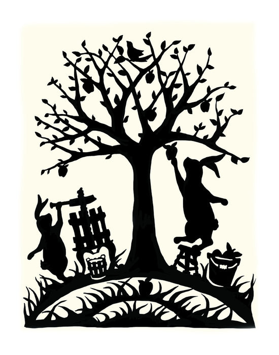 Rabbits under a tree making cider.