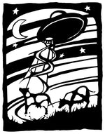 Flying saucer in the night sky with cows.