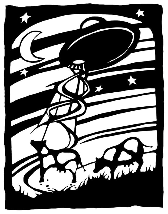 Flying saucer in the night sky with cows.