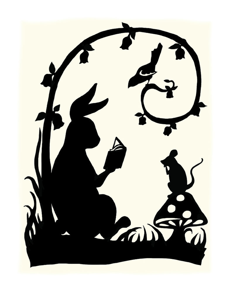Rabbit reading a story to mouse and bird.